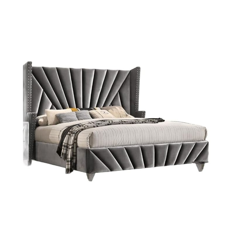 Ino 4pc Queen Bedroom Set with Wingback Headboard, Gray Upholstery image number 3