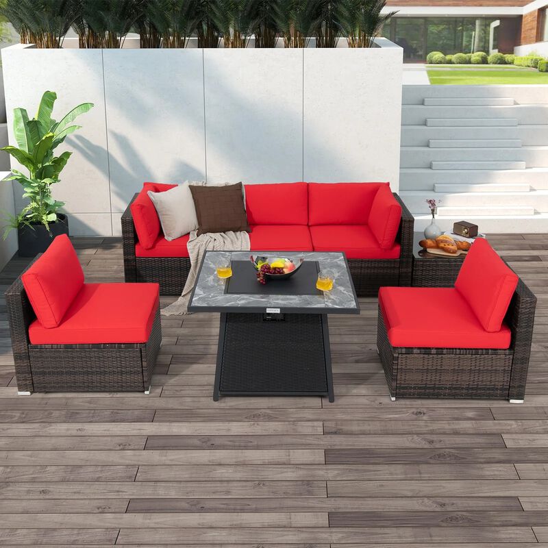 Mondawe Modular 7-Pcs Design PE Rattan Sofa Set,With 50K BTU Fire Pit & Detachable Cushions Chair