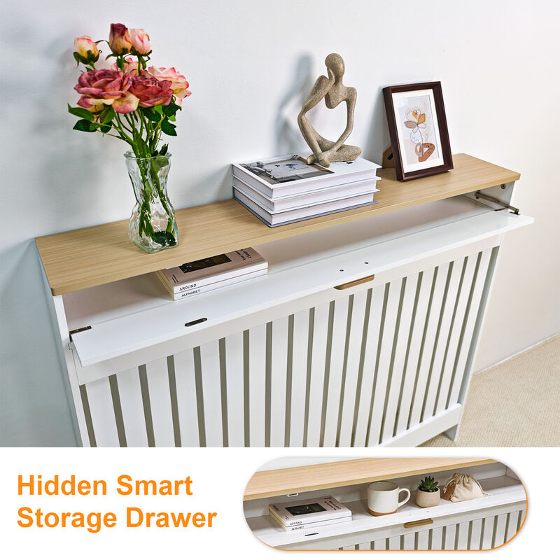 Radiator Cover with Drawer Shelf White Oak Finish Vertical MDF Slat Cabinet image number 5