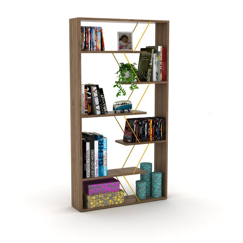 Furnish Home Store Wood Frame Etagere Open Back 6 Shelves Bookcase Industrial Bookshelf for Office and Living Rooms Modern Bookcases Large Bookshelf Organizer, Walnut/Yellow