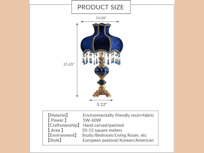 European Style Table Lamp with Fabric Shade Antique Resin Victorian Design Blue image number 2