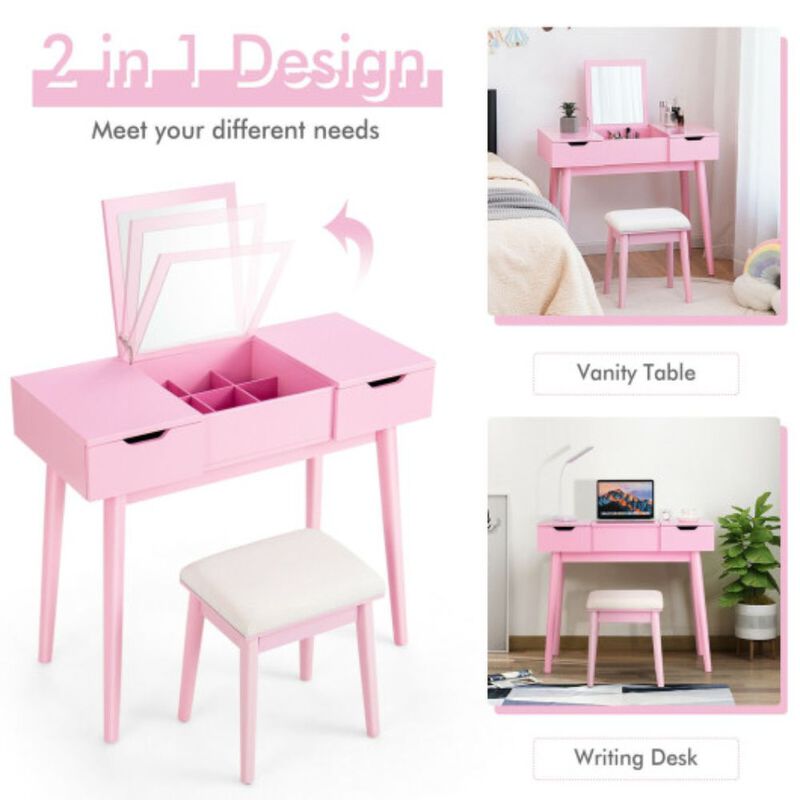 Makeup Vanity Table Set with Flip Top Mirror and 2 Drawers, Pink