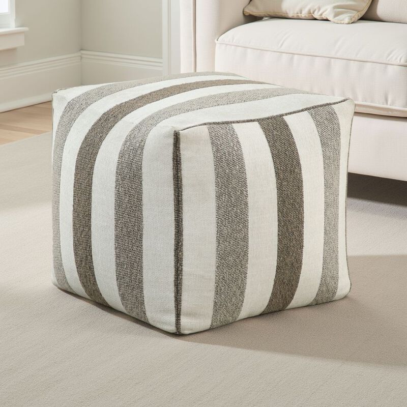 Modern Pouf Ottoman, White and Taupe Striped Jacquard, 16 Inch Square