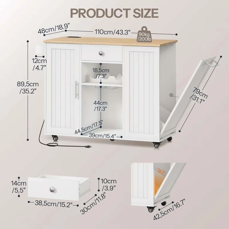 Portable Kitchen Island with Charging Station and Built-In Trash Cabinet-White image number 2
