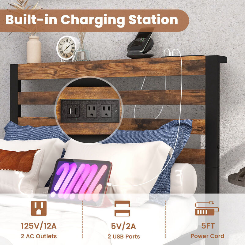Bed Frame with Charging Station and Storage Headboard