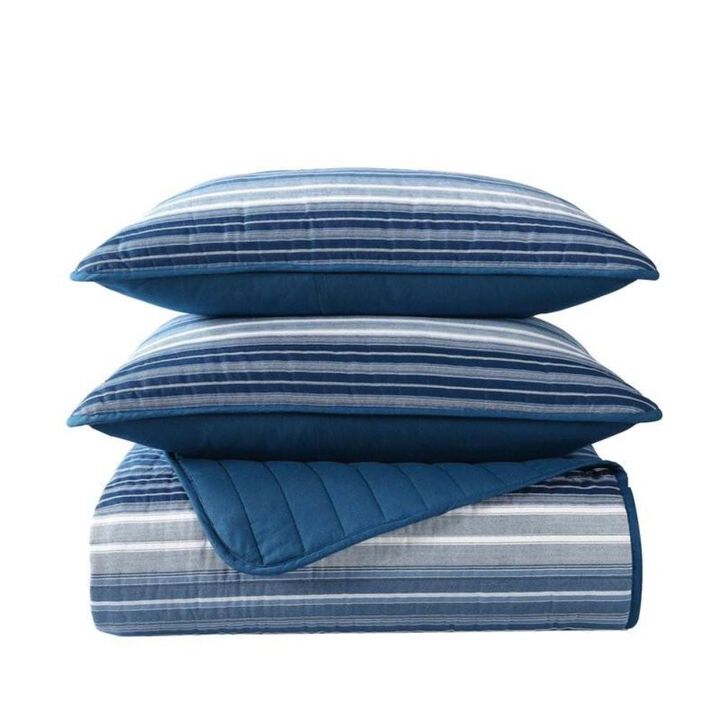 Coastal Blue Stripe Reversible Cotton Quilt Set