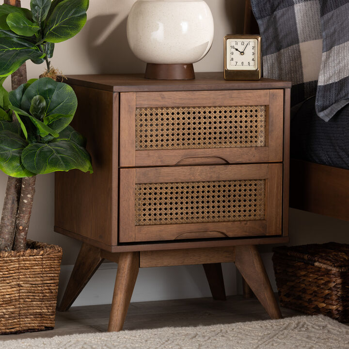 Baxton Studio Barrett Walnut Brown Finished Wood And Synthetic Rattan 2 Drawer Nightstand