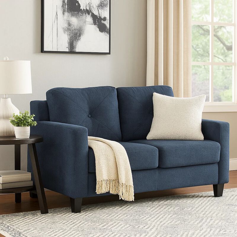 Royi Loveseat, Track Armrest, 58 Inch, Blue Fabric w Tufted Backrest
