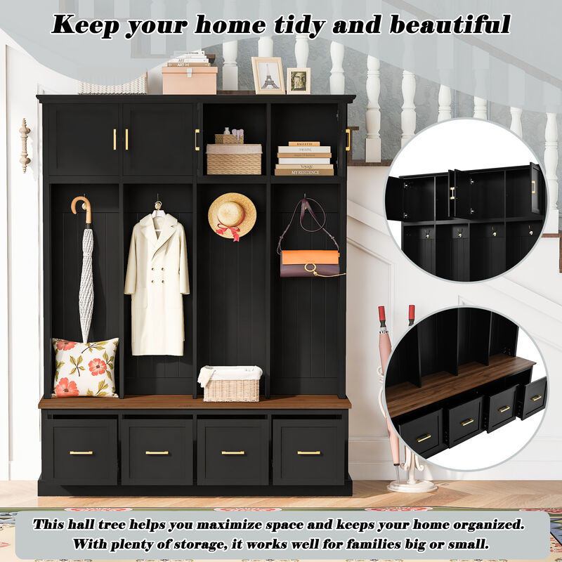 Merax All-in-One Entryway Hall Tree with Hanging Hooks, Upper Cabinet, 3 Drawers & Seating Bench image number 4