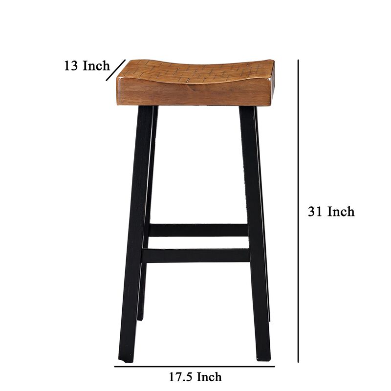 Bianca Barstool Set of 2, Light Brown Saddle Seat, Black Solid Wood - Benzara