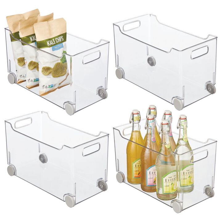 mDesign Plastic Kitchen Storage Bin, Rolling Wheels/Handles, 4 Pack, Clear/Gray