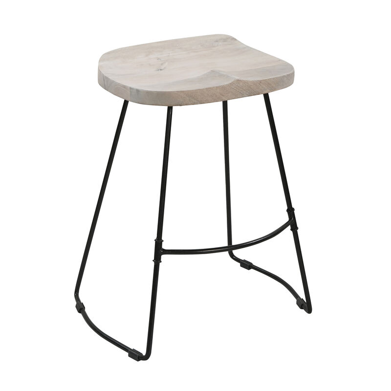 Tiva 24 Inch Handcrafted Backless Counter Height Stool, Whitewashed Mango Wood Saddle Seat, Black Metal Base - Benzara