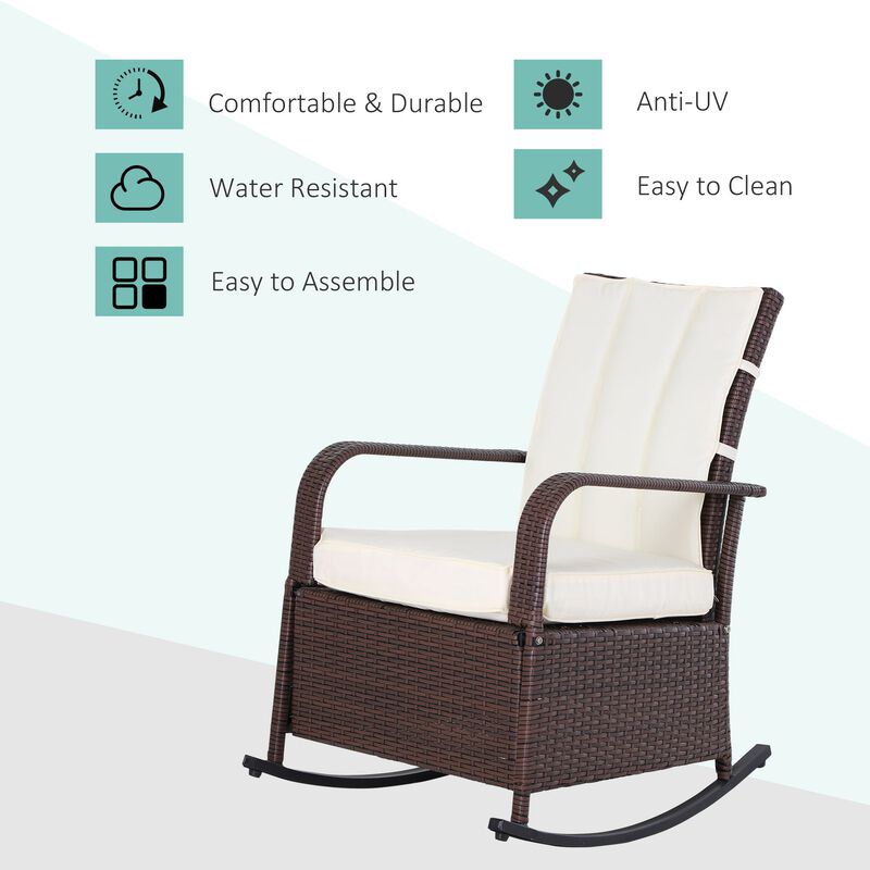 Outdoor Rattan Wicker Rocking Chair Patio Recliner with Soft Cushion, Adjustable Footrest, Max. 135 Degree Backrest, Cream