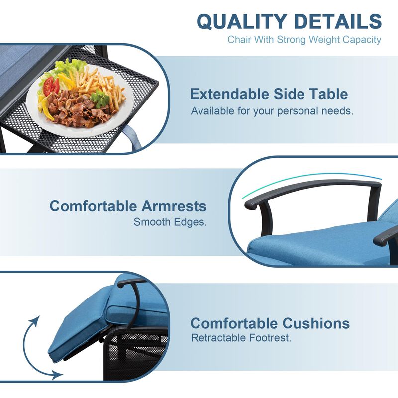 Mondawe Adjustable Patio Recliner Chair Metal Outdoor Lounge Chair with Flip Table Push Back, Adjustable Angle, With Removable Cushions