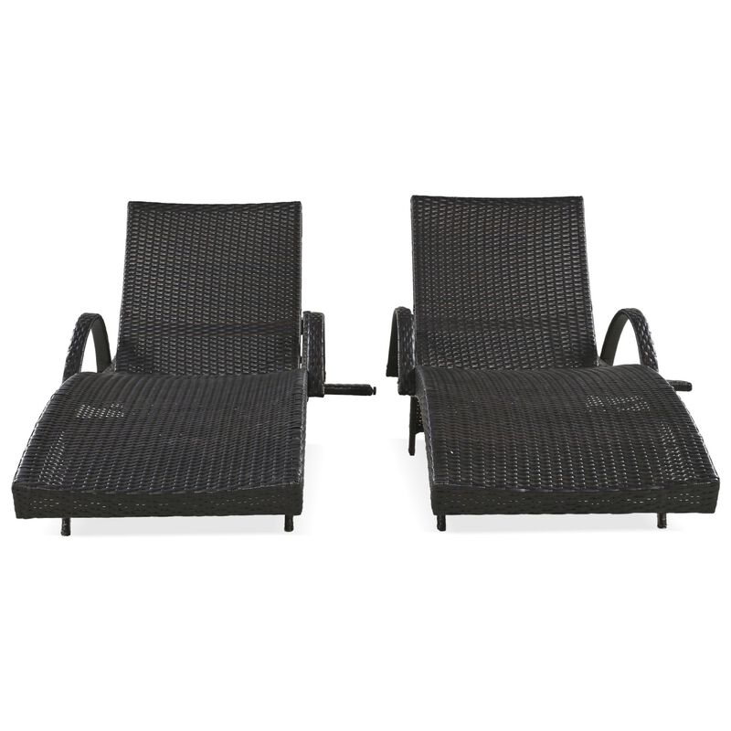 Wicker Chaise Lounge Chairs Set of 2, 80-Inch Recliners in Dark Brown with Pull-Out Table image number 7