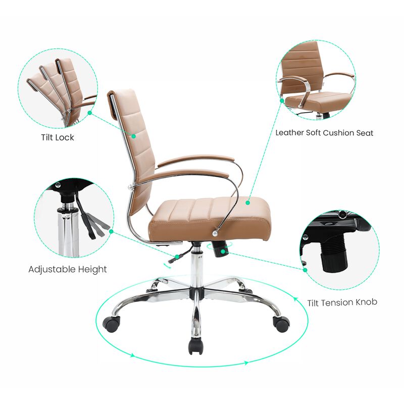 LeisureMod Benmar Mid-Back Office Chair, Leather Upholstery with Swivel, Tilt, and Chrome Base, Modern Desk Seating for Home Office or Conference Room