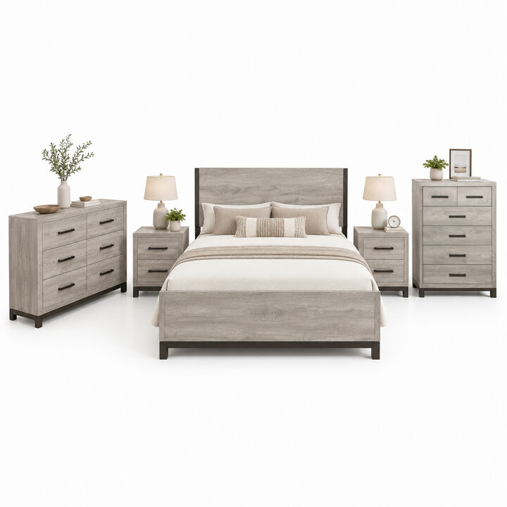 Queen Bedroom Set, Gray Wood, 5 Piece Set with 2 Nightstands, Dresser, and Chest