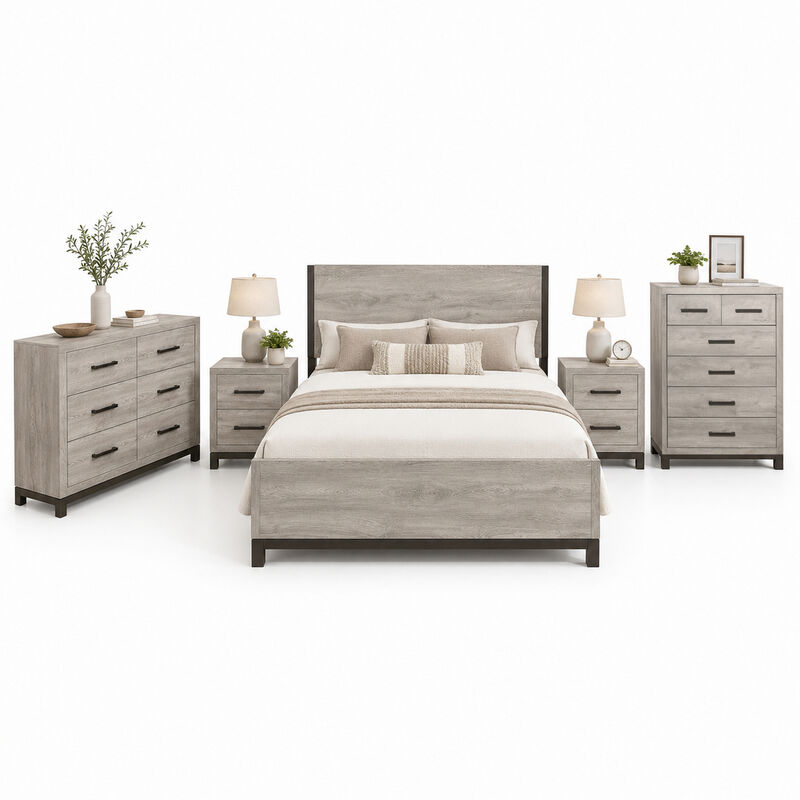 Queen Bedroom Set, Gray Wood, 5 Piece Set with 2 Nightstands, Dresser, and Chest image number 0