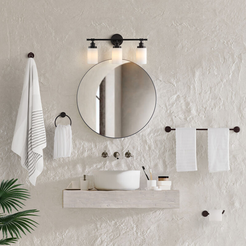 Egan 23.25" 3-Light Classic Cottage Vanity Light with Frosted Glass Shades and Bathroom Hardware Accessory 5-Piece Set
