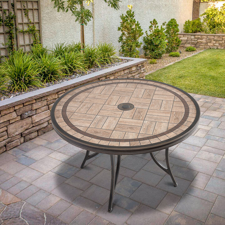 MONDAWE 48" Round Aluminum Outdoor Patio Dining Table with Umbrella Hole, Brown