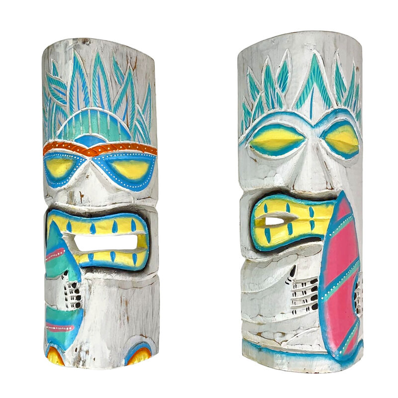 Set of 2 Pastel Surfer Tiki Masks 12" Hand-Carved Wooden Wall Decor Art image number 0