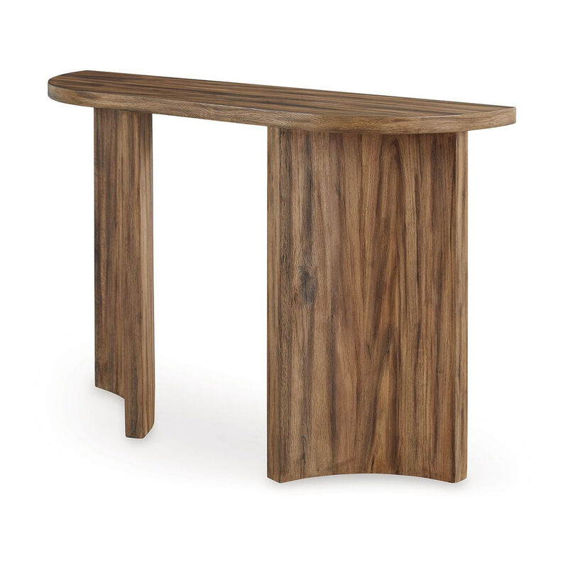 Anny Sofa Console Table, Curved Plinth Base, 52 Inch Brown Oak Wood