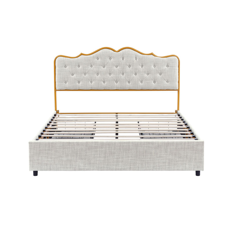 Classic steamed bread shaped backrest, metal frame, solid wood ribs, with four storage drawers, sponge soft bag, comfortable and elegant atmosphere, light gray, Full- size, F sleeping bed