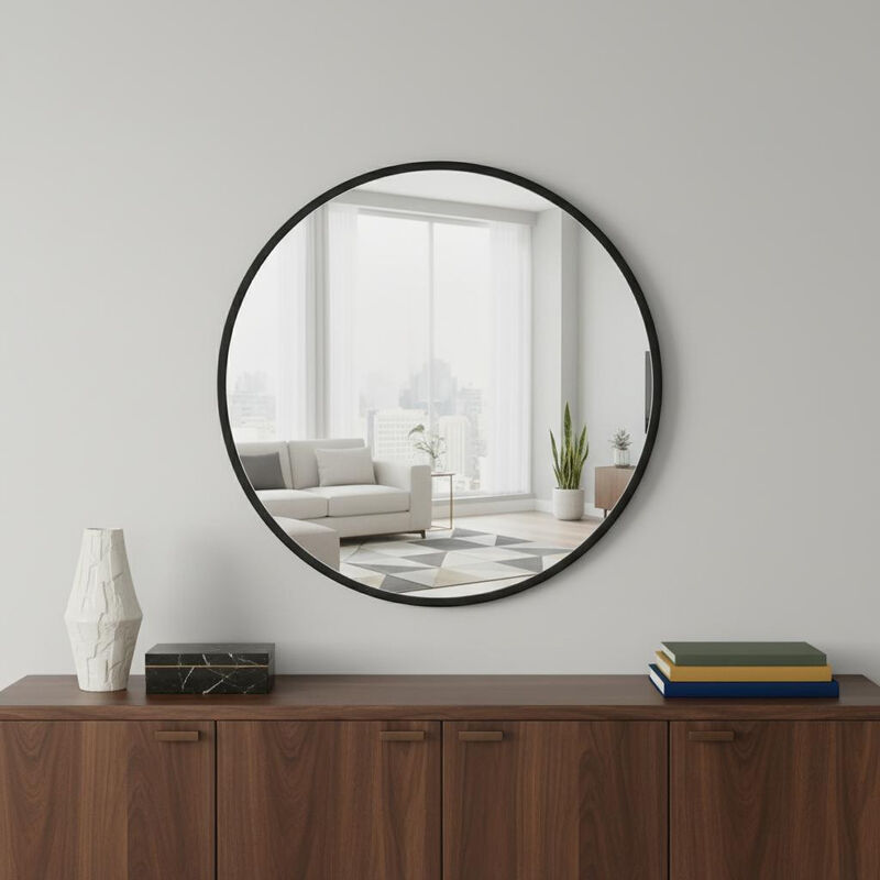 HomeRoots 20" Black Aluminum Round Framed Accent Mirror image number 1