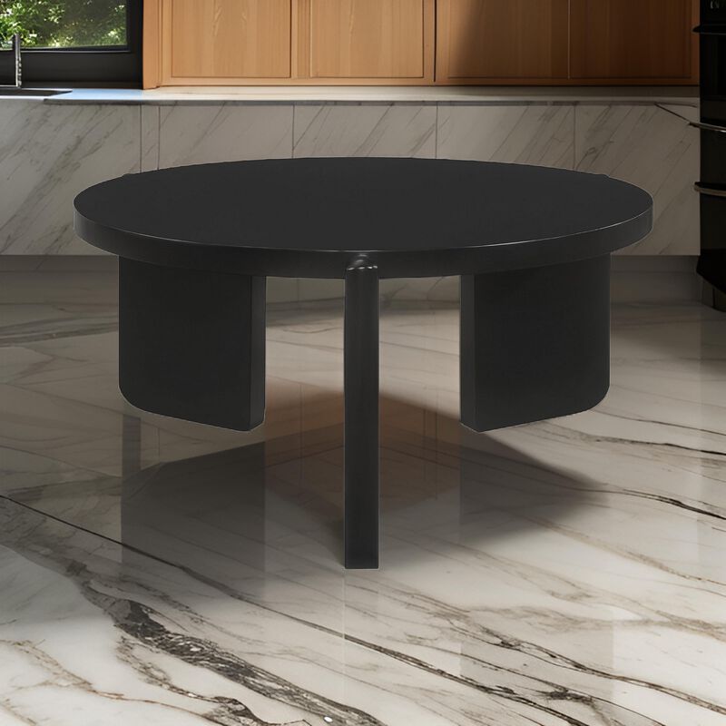 Kiya Coffee Table, 39 Inch Round Top, Black Solid Wood Frame, Panel Legs