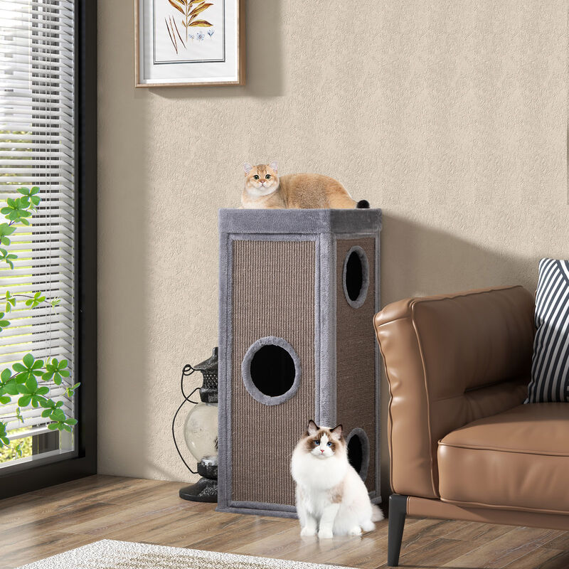 39" Tall Cat Condo with Scratching Posts and 3 Hideaways and 4 Soft Plush Cushions