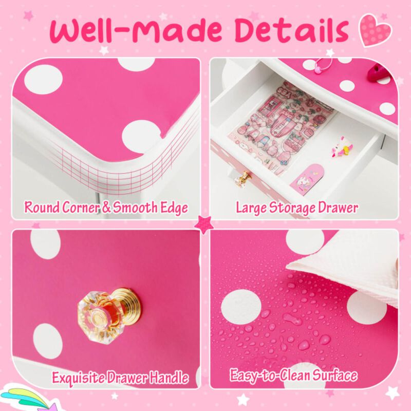 Hivvago Kids Vanity Table and Stool Set with Cute Polka Dot Print