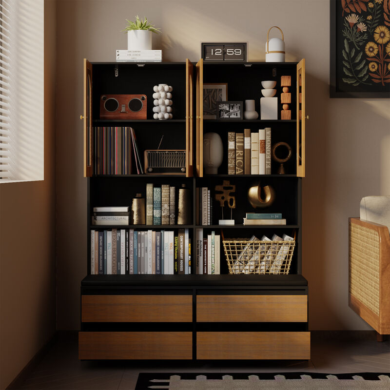 FUFU&GAGA Modern Cabinet with Seating &ndash; MDF Construction, 4 Glass-Panel Doors, 4 Drawers, and Cotton Seat Cushion, (47.2" L x 11.8" W x 63.6" H), Brown