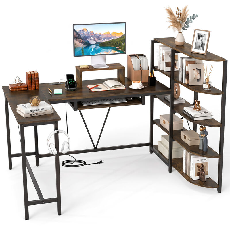 U Shaped Computer Desk with 5 Tier Storage Bookshelf and Keyboard Tray image number 3