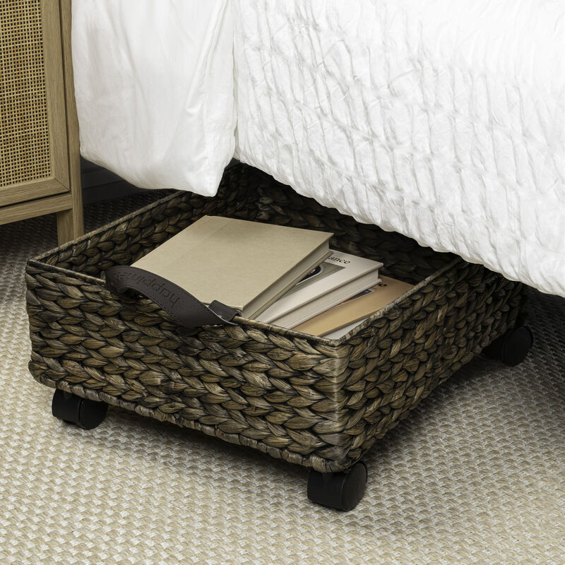 Adaline 18.11" Classic Farmhouse Handwoven Hyacinth Rectangular Underbed Storage Bin with Wheels and Handles