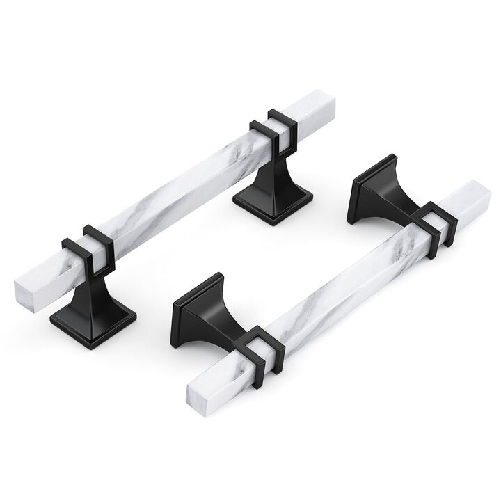 Lepatape 10 Pack 3 Inch White Marble Cabinet Pulls, Black Cabinet Handles Marble Grain and Black Pulls, Kitchen Cabinet Handles