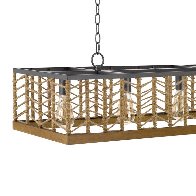 4 Light Pendant, Braided Burlap Shade, Caged Industrial Black Metal 40 Inch image number 6