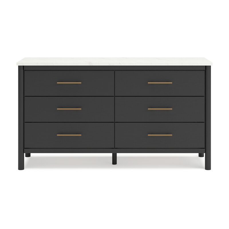 Mooran Wide Dresser, 6 Drawers, Marble Finish Top, Black Laminate - Benzara