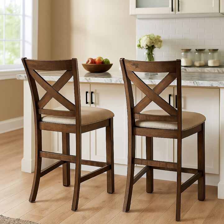 Chip Counter Height Chair Set of 2, Distress Nutmeg Wood, Polyester