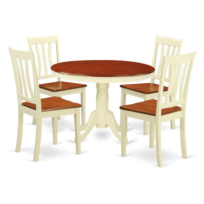 5 Pc set with a Round Small Table and 4 Wood Dinette Chairs in Buttermilk and Cherry .