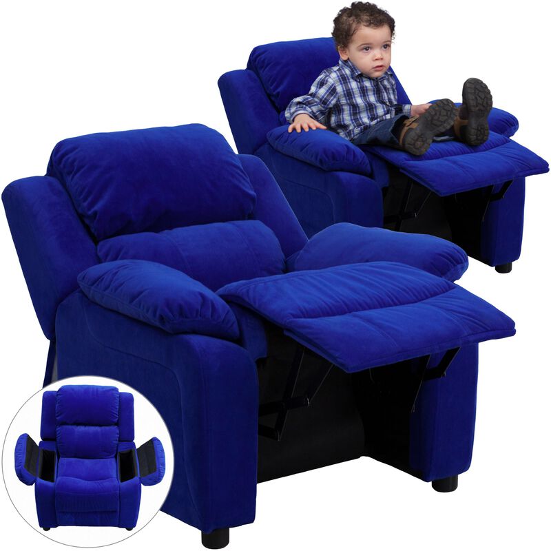 Flash Furniture Charlie Microfiber Kids Recliner with Flip-Up Storage Arms and Safety Recline, Contemporary Reclining Chair for Kids, Supports up to 90 lbs., Blue image number 0