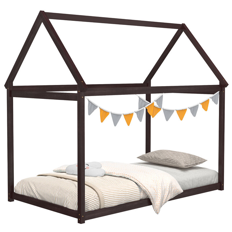 Kids Playful House Bed with Trundle and Roof for Extra Sleeping Space