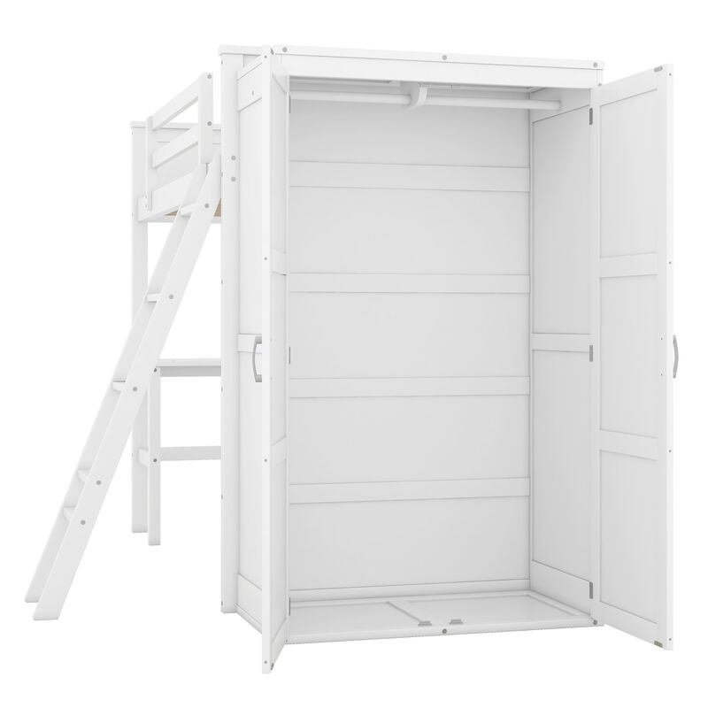 Twin size Loft Bed with Desk, Shelves and Wardrobe White