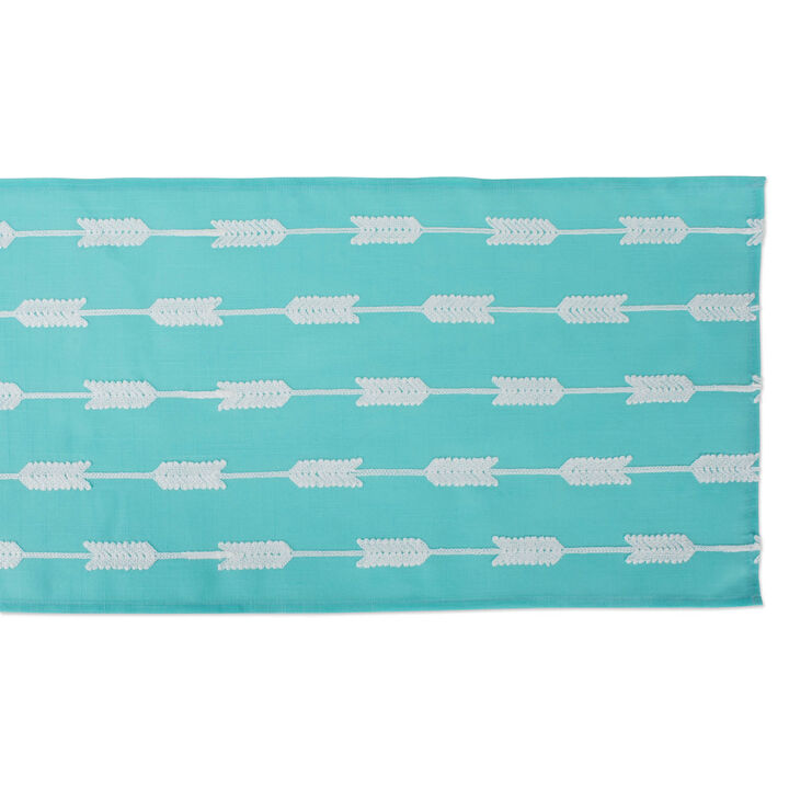70" Aqua Blue and White Arrow Fletching Style Embroidered Table Runner