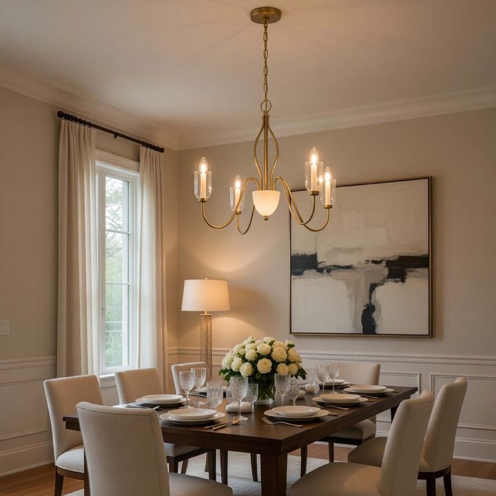 5 Light Candelabra Chandelier with Glass Shades, 32 Inch Antique Brass