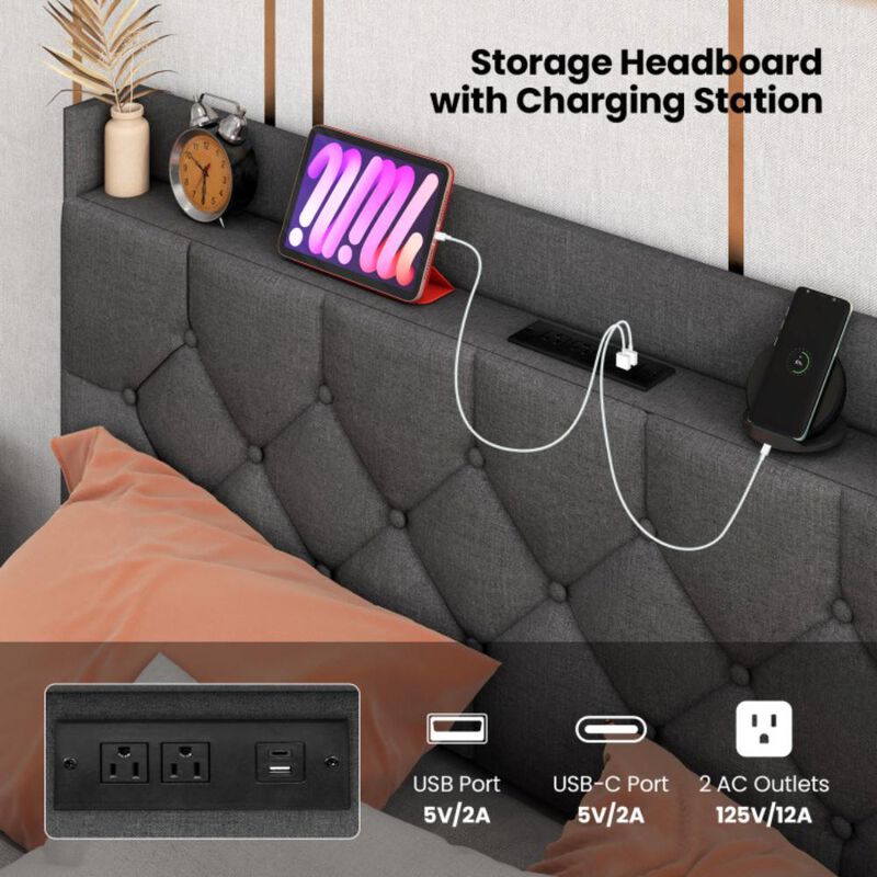 Hivvago Floating Bed Frame with LED and Headboard and Charging Station-Queen