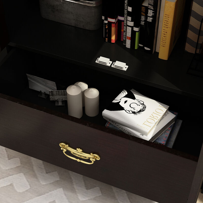 FUFU&GAGA Classic Display Bookcase with Glass Doors & Drawer, Solid Wood Front & Ornate Golden Details, (31.5 in. W x 15.7 in. D x 70.9 in. H), Black and Gold