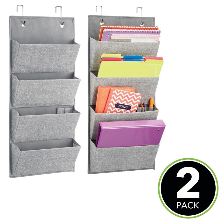 mDesign Fabric Over Door Hanging Office Storage, 4 Pockets, 2 Pack - Gray