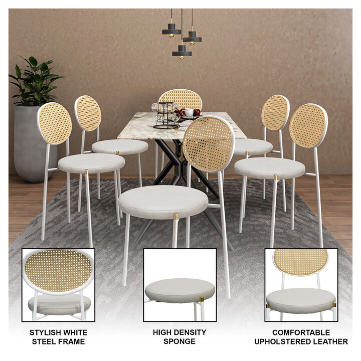 LeisureMod Velvet/Leather Dining Chair Rattan Back Side Chair Comfortable Kitchen Chair with Stainless Steel Base Euston Collection, Set of 2