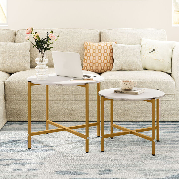 Round Coffee Table Set of 2 – Heavy-Duty Metal Frame Nesting Tables for Living Room