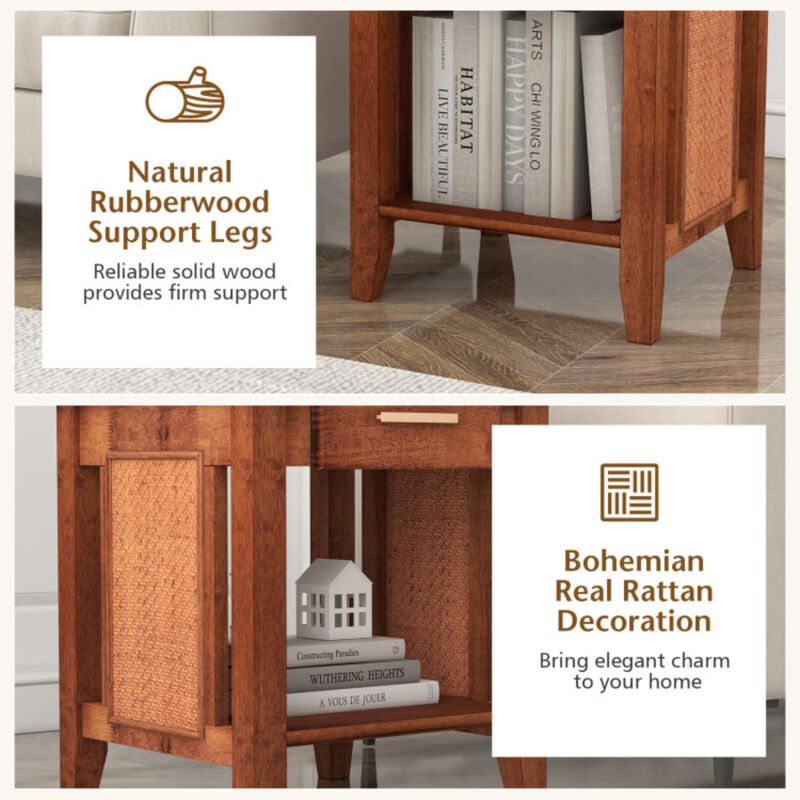 Hivvago Rattan Nightstand End Table with Drawer and Storage Shelf